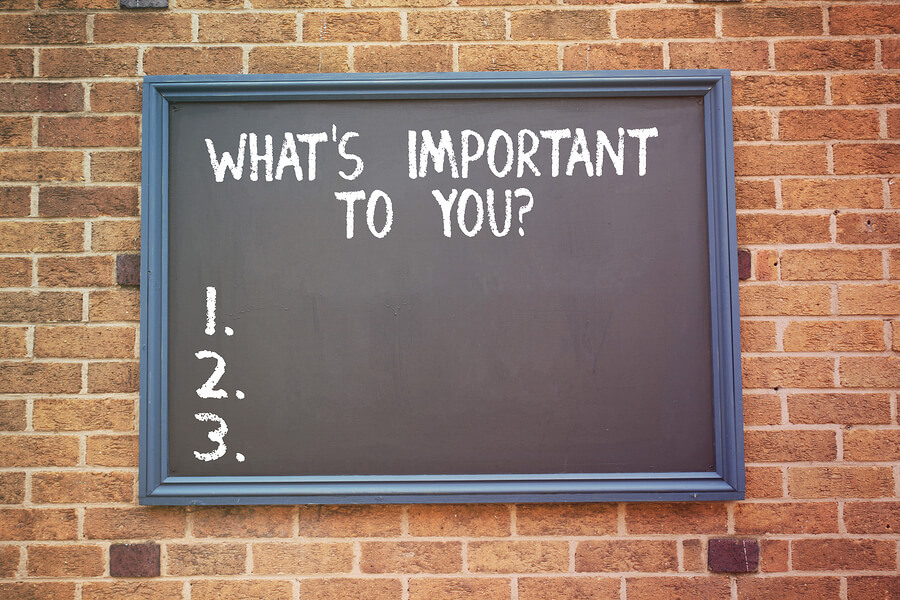 A brick wall with a chalkboard on it that says "whats important to you?" with 1. 2. 3. for someone to fill out information